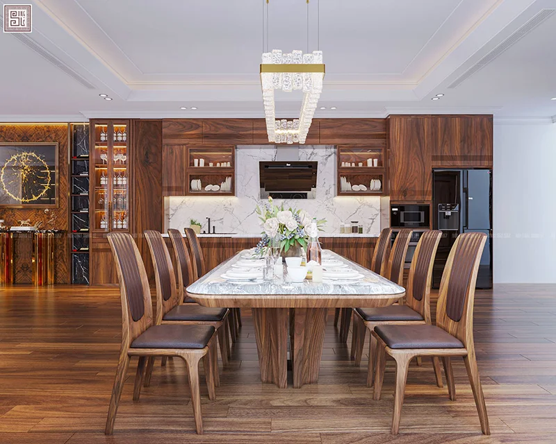Thiết kế bàn ăn gỗ óc chó sang trọng