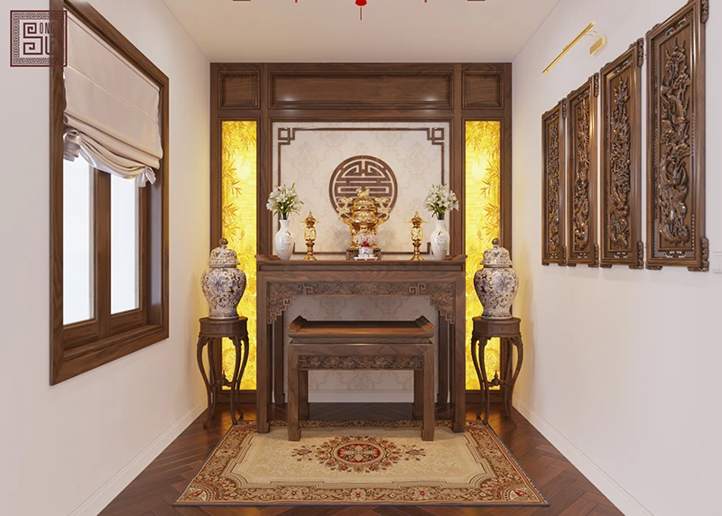 Phòng thờ gỗ óc chó với thiết kế đơn giản, hiện đại