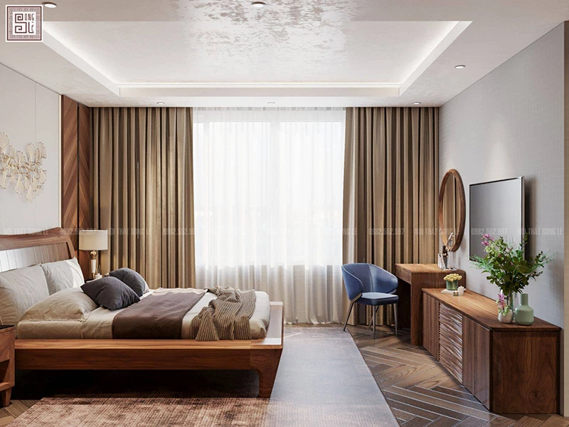 Thiết kế nội thất phòng ngủ gỗ óc chó tận dụng ánh sáng thiên nhiên