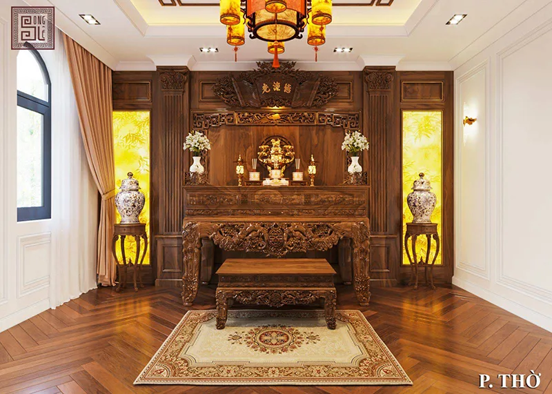 Phòng thờ gỗ óc chó trang nghiêm với các hoa văn trạm trổ nghệ thuật