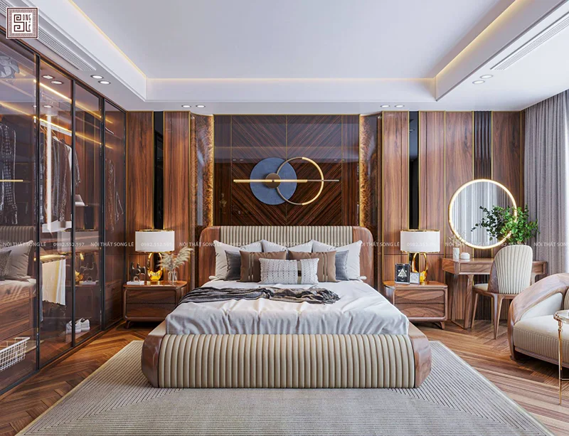 Không gian phòng ngủ master gỗ óc chó hiện đại
