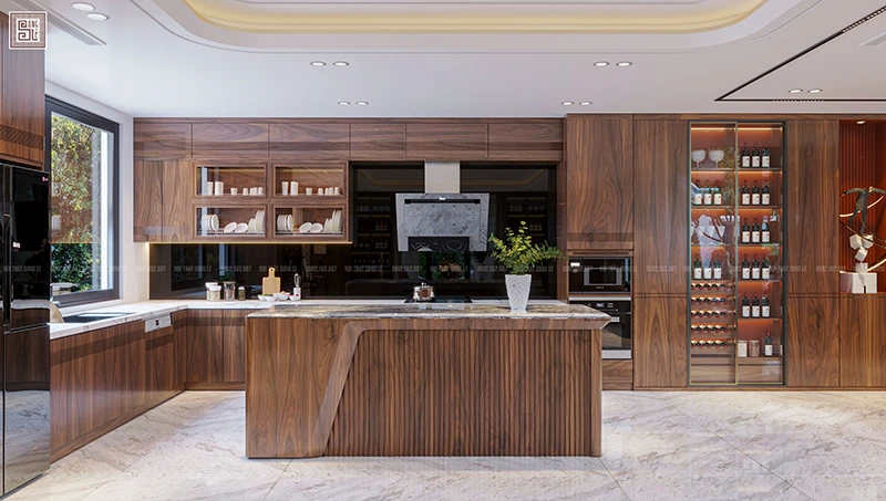 Tủ bếp gỗ óc chó mang vẻ đẹp sang trọng, đẳng cấp