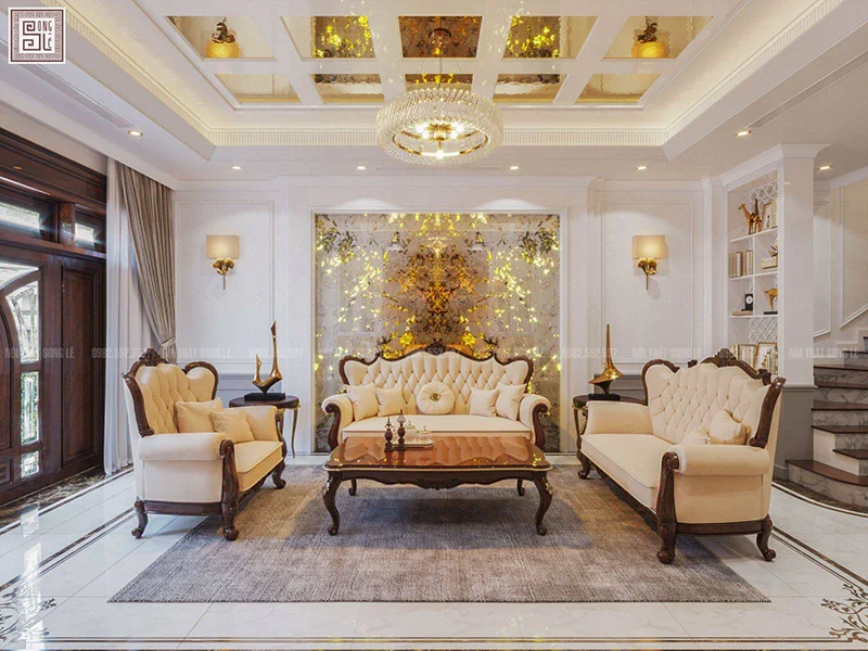 Thiết kế phòng khách gỗ óc chó tân cổ điển