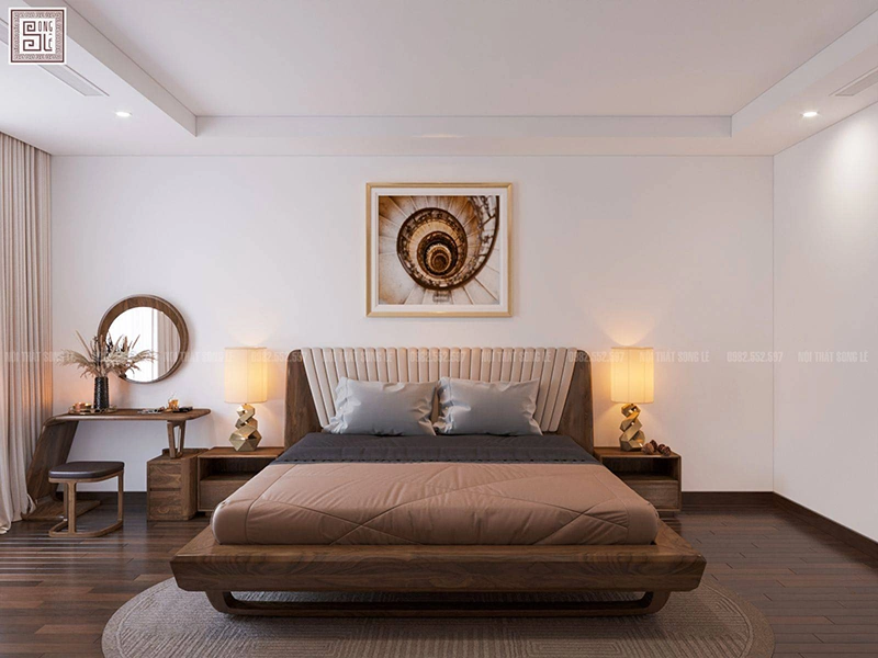 Thiết kế phòng ngủ nhỏ đơn giản với đồ nội thất gỗ óc chó
